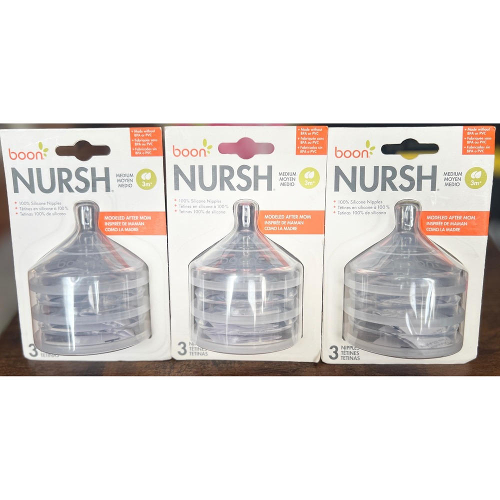 Boon NURSH Silicone Nipples 3pk Medium Flow Stage 2 3m+ Clear NEW 9 Total